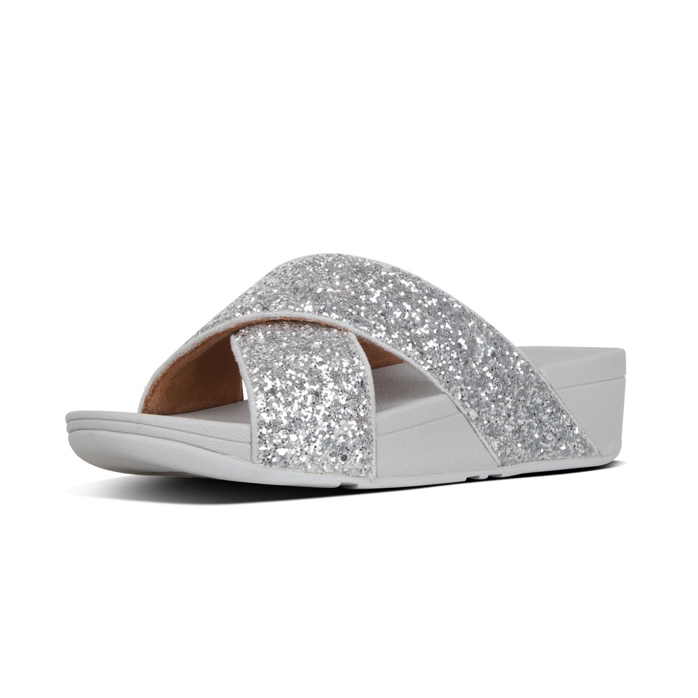 Fitflop Womens Slides - Lulu Glitter Cross - Silver - 397-NUFVPI
